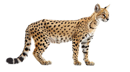 Obraz premium A serval cat standing on a white background, viewed from the side