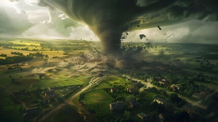 Fototapeta premium A powerful tornado sweeps through a rural area, causing destruction and chaos. The dramatic scene captures nature's raw power in action.