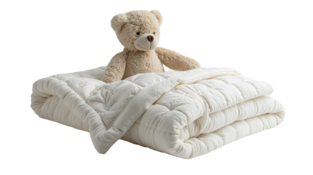 A white quilted blanket with a teddy bear on top