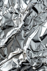 Close-up of shiny, crumpled aluminum foil creating a textured background with reflective surfaces and intricate folds, ideal for abstract designs.