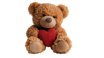 Brown teddy bear holding a red heart, isolated on white background