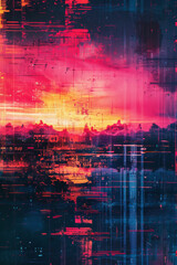 Fototapeta premium Abstract digital glitch art depicting a futuristic landscape with vibrant colors blending into one another. Perfect for tech and sci-fi projects.