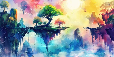 Colorful Fantasy World with Floating Islands