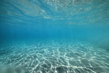 underwater photo blue background panorama ocean surface and bottom of the sea