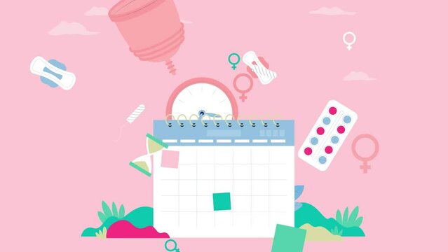Menstrual cycle, hygiene products. Calendar with marks critical days and ovulation. Vector animation 4K.	