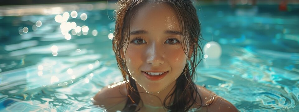 Portrait beautiful young woman swimming in sunny pool.young happy and pretty Chinese Asian woman enjoying cheerful and relaxed having fun smiling