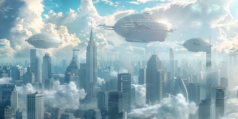 Obraz premium Modern city skyline with towering skyscrapers, futuristic airships floating in the sky 