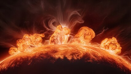 Fototapeta premium the sun's surface, where flaring solar prominences erupt into the cosmos. The burning, swirling masses of plasma emit an intense, golden-orange hue that radiates outward