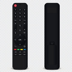 Realistic TV remote control front and back side isolated on transparent background