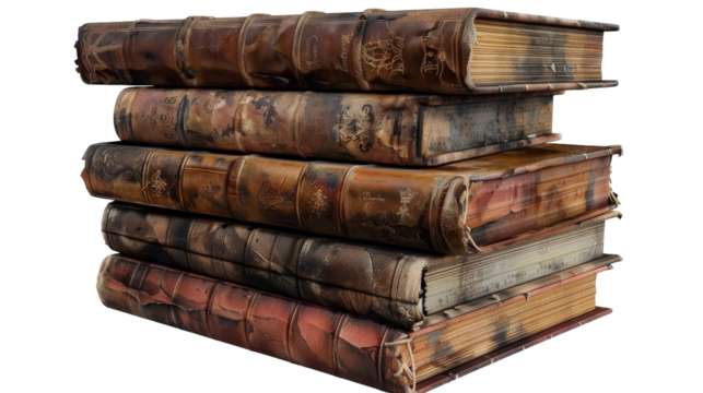 Close-up of five old books stacked together