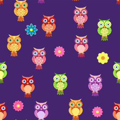Fototapeta premium Seamless colorful owl pattern for children with flowers, clouds, branches
