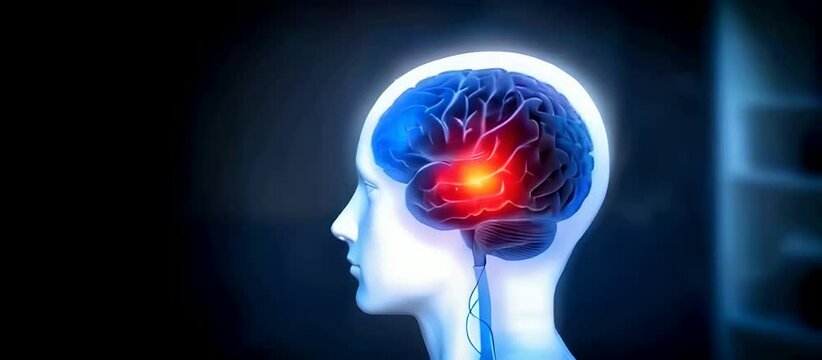 The human head with the brain in red glowing color at the center to symbolize pain or enhance on it