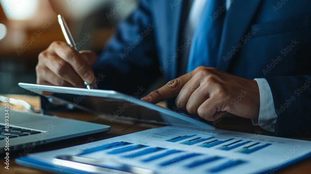 Leinwandbilder a professional in a suit analyzing a business graph on a digital tablet, showcasing data-driven deci