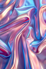 Abstract vibrant metallic fabric texture with iridescent hues of blue, pink, and purple folds creating a dynamic and futuristic visual effect.