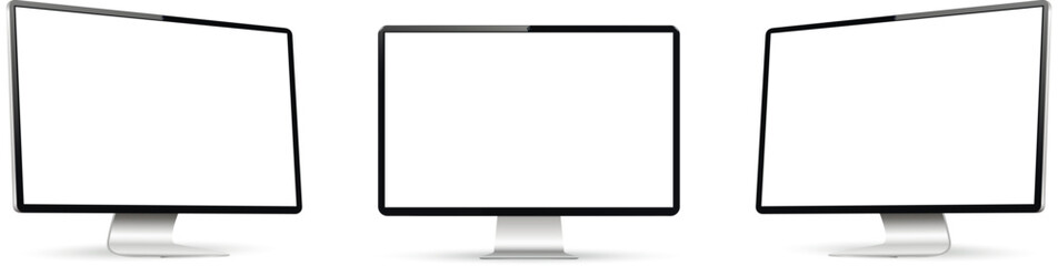 Realistic computer screen mockup. Computer display on three sides with blank screen.