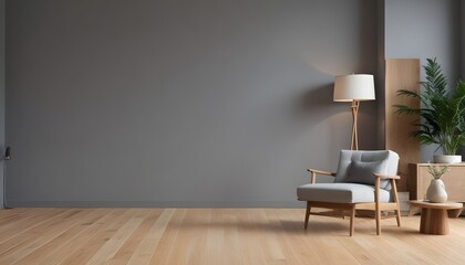 Living room with leather armchair on wood flooring and dark Gray wall. 3D render