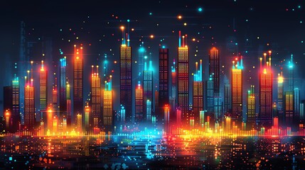 Vibrant cityscape illuminated with colorful lights at night.