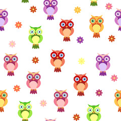 Seamless colorful owl pattern for children with flowers, clouds, branches