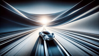 A futuristic, sleek car speeding on a surreal, undulating highway with glowing lines and a bright horizon, symbolizing advanced, sustainable transportation.