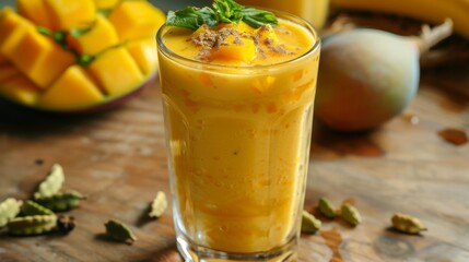 A refreshing glass of mango lassi, a popular Indian yogurt-based drink, served chilled and garnished with a sprinkle of cardamom