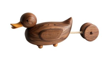 A brown wooden duck pull toy with a rope and wheels