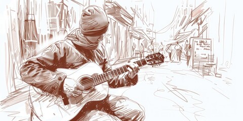 Artistic Sketch of a Guitarist Performing in Street Market