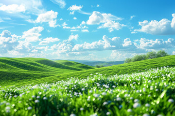 Breathtaking landscape of rolling green hills and lush fields under a bright, blue sky filled with fluffy white clouds on a sunny day.