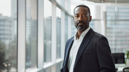 A confident businessman stands in a modern office setting, his expression reflecting determination and professionalism. The image conveys concepts of leadership, experience, and corporate success