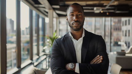 A professional man with a determined gaze stands arms crossed in a bright office space, embodying strength and confidence