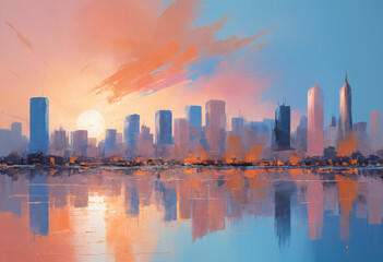 Fototapeta premium view of Dramatic sunset cityscape wall art
