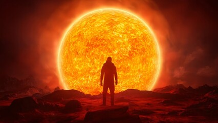 A silhouette  man standing in front of the sun