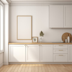 Kitchen Room Mockup with White Cabinets and Wooden Countertop