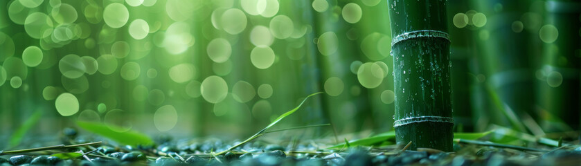 Fototapeta premium Close-up of tall bamboo stems with glistening water droplets, surrounded by green foliage, with a soft, ethereal bokeh background in a serene forest setting.