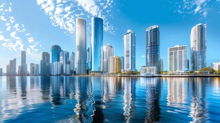 Fototapeta premium A row of sleek glass skyscrapers lining a waterfront, reflecting the blue hues of the sky and sea
