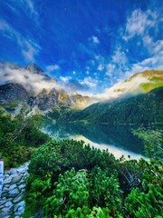 Grassy hills and meadows of carpathian mountains beneath a sky with glowing clouds. A popular...