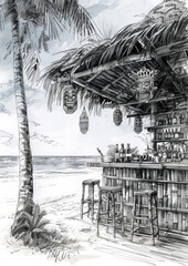 Monochrome Beach Bar Sketch
