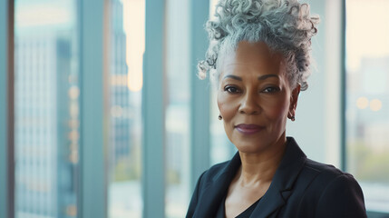 A seasoned businesswoman with a warm smile radiates approachability and professionalism in a well-lit, modern corporate environment