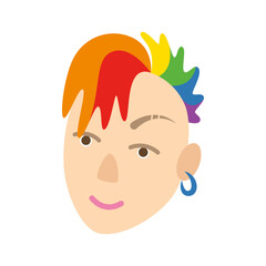 Face of man with hair dyed in rainbow color. Vector flat cartoon illustration on white background.