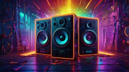 A vibrant music speakers neon colors. Feature a music speaker with RGB backlight as the central element.