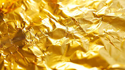 Close-up of crumpled gold foil texture, showcasing its shiny and reflective surface with intricate patterns and highlights.