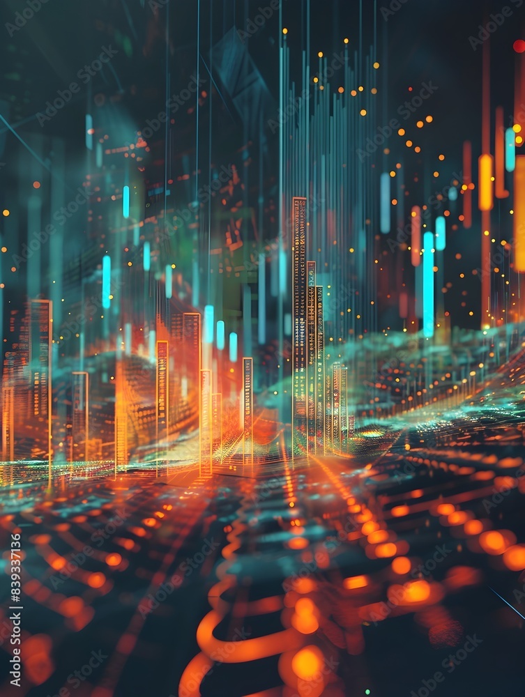 Poster vibrant 3d rendered cityscape visualizing index performance tracking