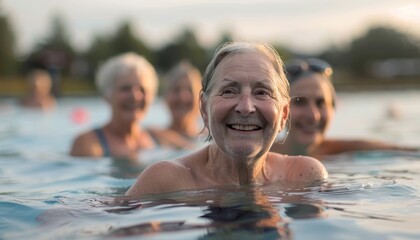 Obraz premium Happy healthy senior woman enjoying active lifestyle swimming in the pool