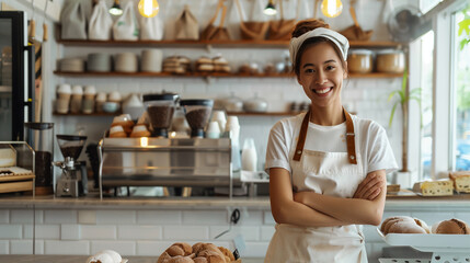 In a modern bakery kitchen, a young female baker with a pleasant smile stands with folded arms, wearing a clean apron over her white shirt, embodying the spirit of modern gastronomy and small business