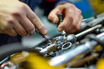 Fototapeta premium Professional Auto Technician Installing Aftermarket Parts for Enhanced Performance and Appearance