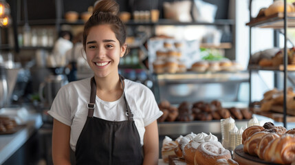 A joyful young baker beams at the camera, her vivacious smile complementing the artisan breads and pastries on display in a cozy bakery. The image exudes warmth and the charm of a local business