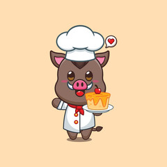 Cute chef wild boar with cake cartoon vector illustration.