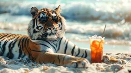 Cool Tiger with Shades Enjoying a Sunny Day by the Ocean