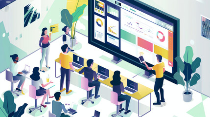 An animated illustration of a dynamic, diverse team interacting in a futuristic office environment, engaged in various tasks in front of a giant data visualization board