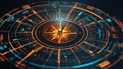Obraz premium Digital Compass, a Strategic Explorer for Businesses. Depict a futuristic digital compass at the center, with arrows pointing to key business concepts.