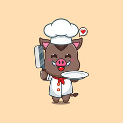 Cute chef wild boar with knife and plate cartoon vector illustration